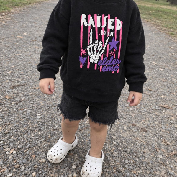 Toddler wearing the Raised by an Elder Emo toddler sweatshirt