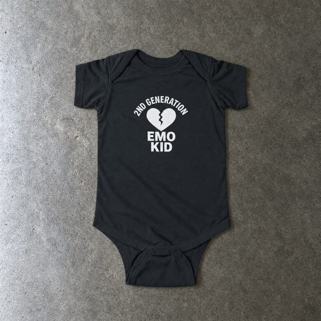 2nd Generation Emo Kid Broken Heart onesie in black, laid flat