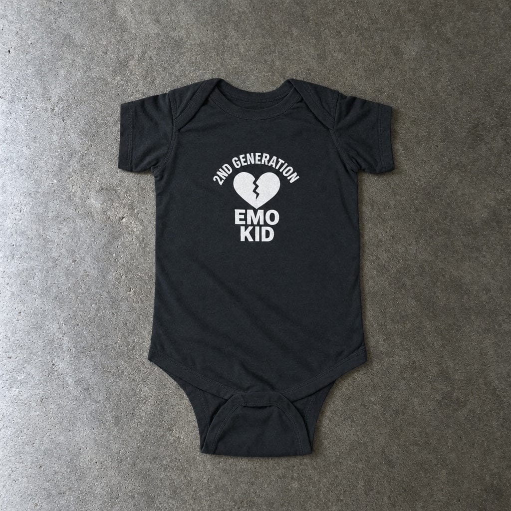 2nd Generation Emo Kid Broken Heart onesie in black, laid flat