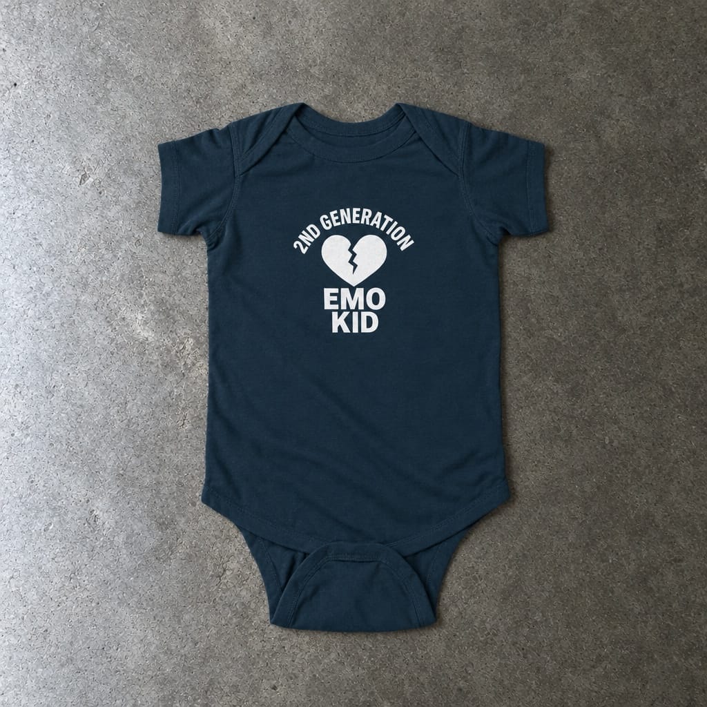 2nd Generation Emo Kid Broken Heart onesie in navy, laid flat