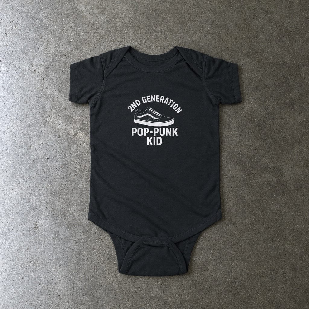 2nd Generation Pop-Punk Kid onesie in black, laid flat