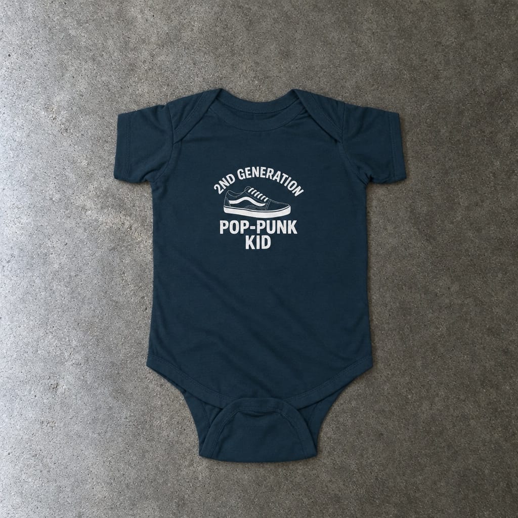2nd Generation Pop-Punk Kid onesie in navy, laid flat