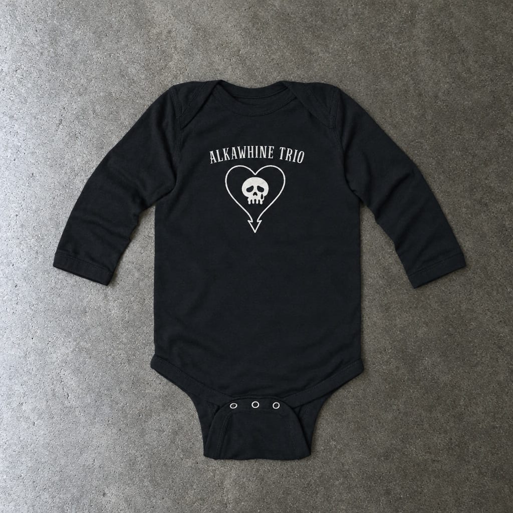 Alkawhine long sleeve onesie in black, laid flat