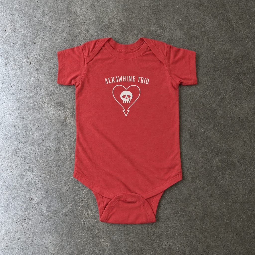 Alkawhine Trio onesie in red, laid flat