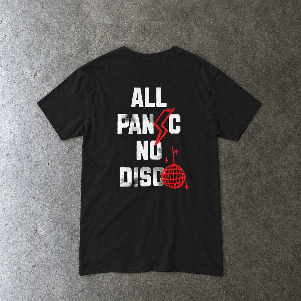 All Panic No Disco Tee in black, laid flat, back view