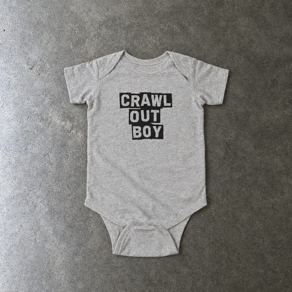 Crawl Out Boy onesie in ash, laid flat