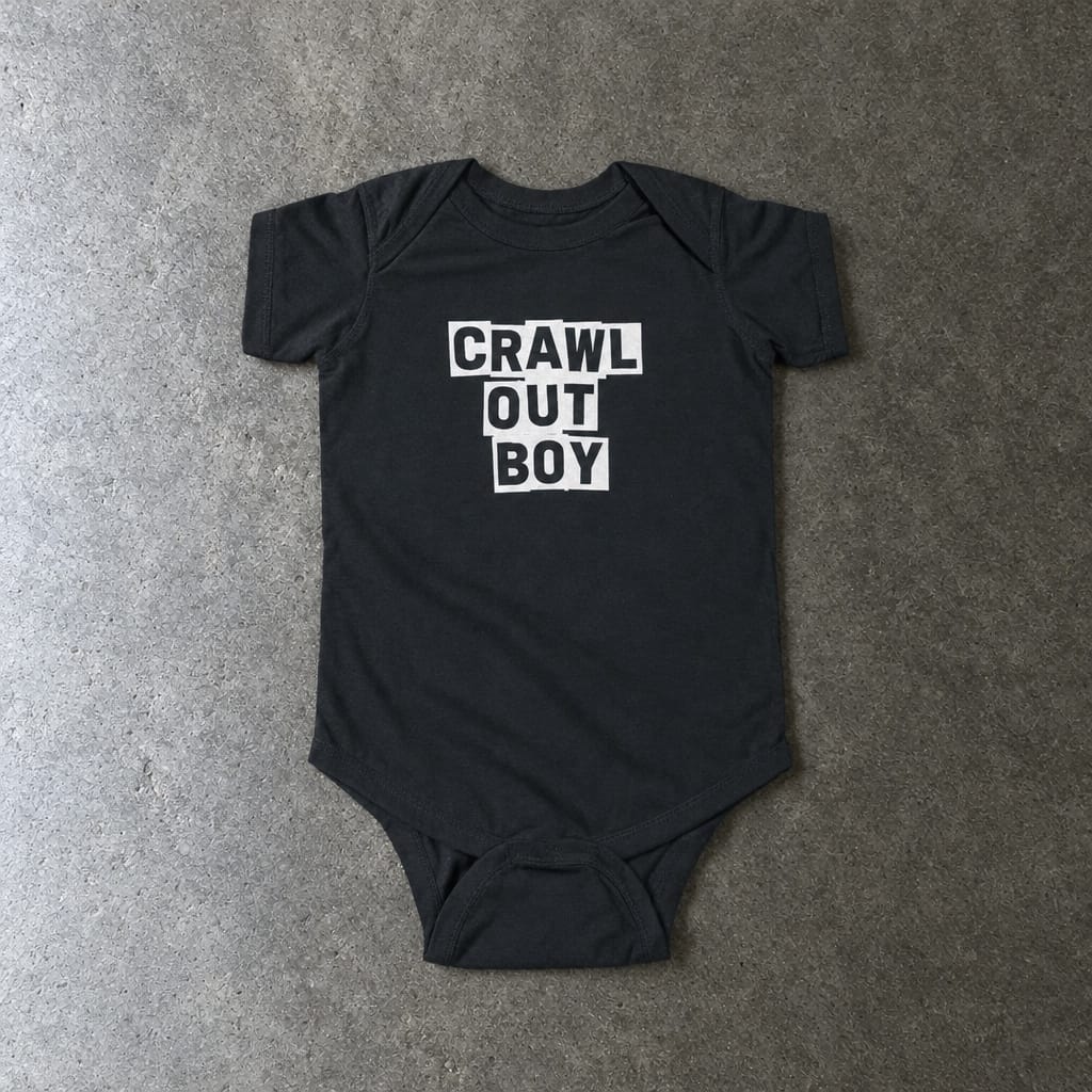 Crawl Out Boy onesie in black, laid flat