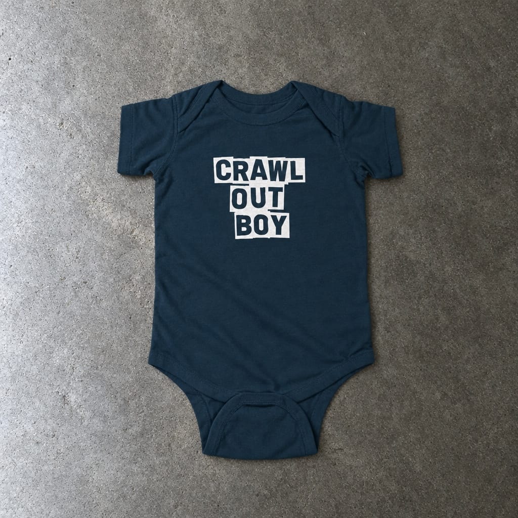 Crawl Out Boy onesie in navy, laid flat