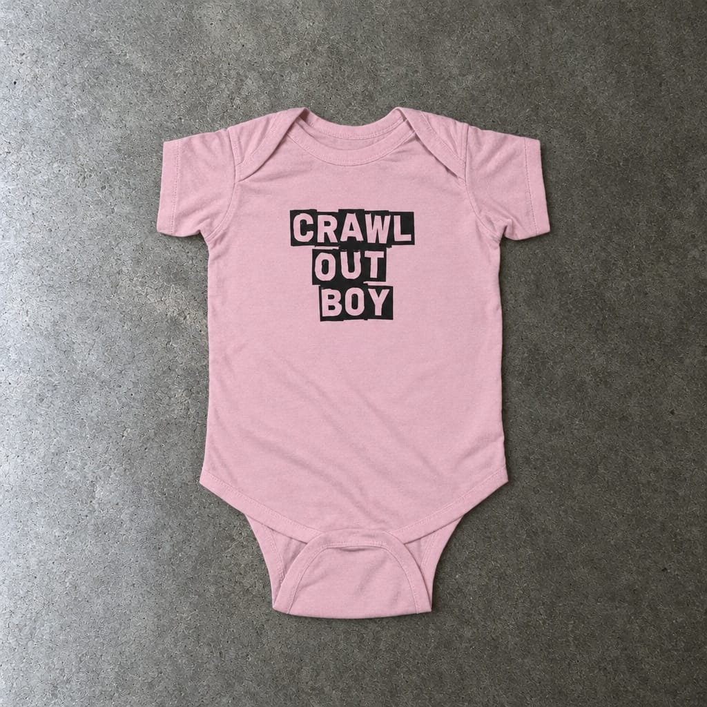 Crawl Out Boy onesie in pink, laid flat