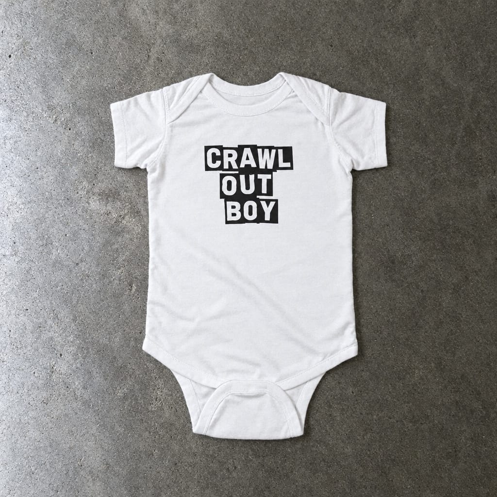 Crawl Out Boy onesie in white, laid flat