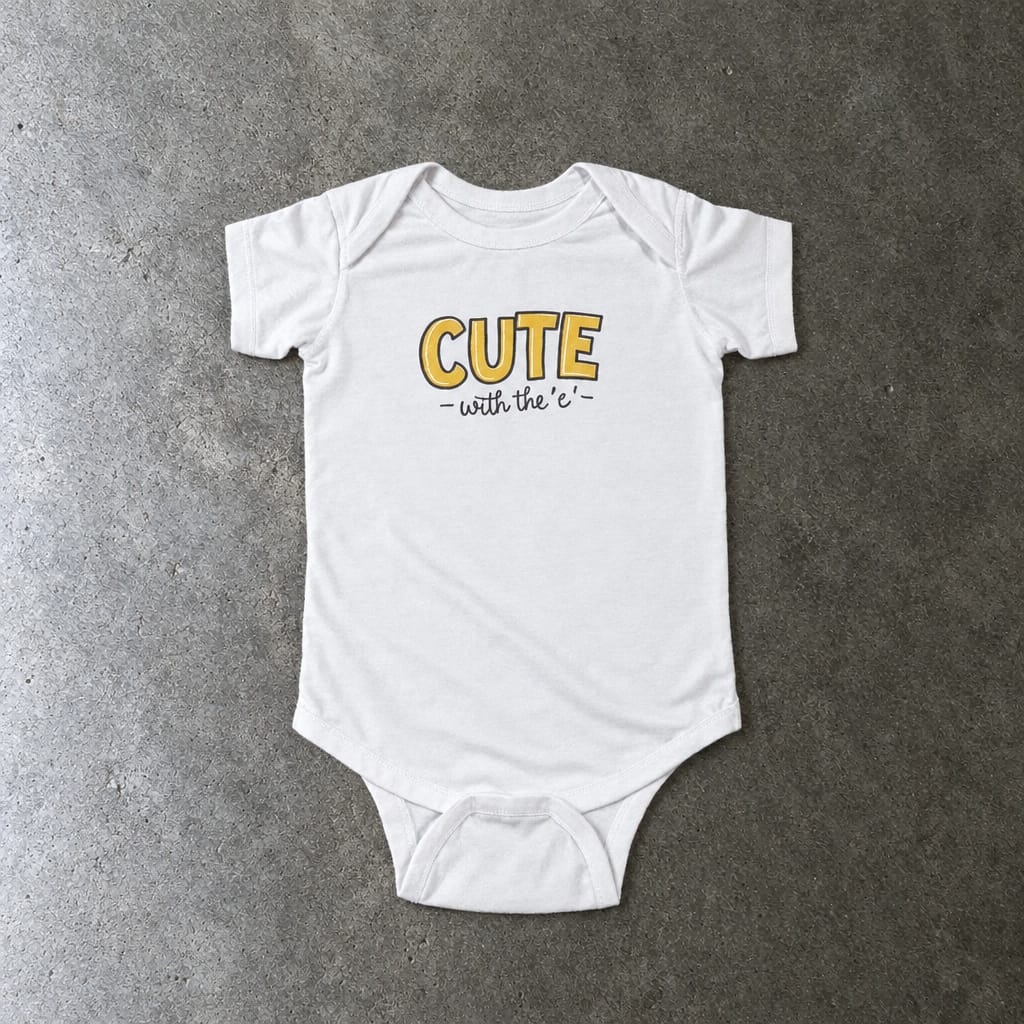 Cute with the E onesie in white, laid flat