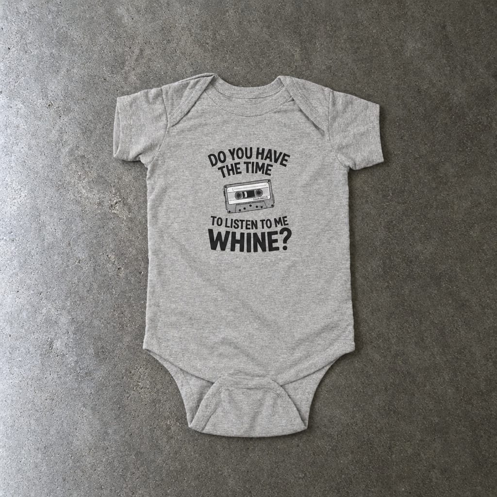 Do You Have The Time To Listen To Me Whine onesie in ash, laid flat