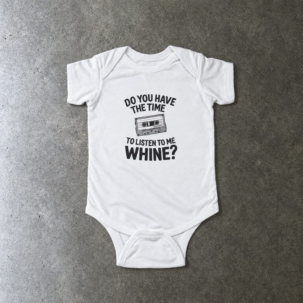 Do You Have The Time To Listen To Me Whine onesie in white, laid flat