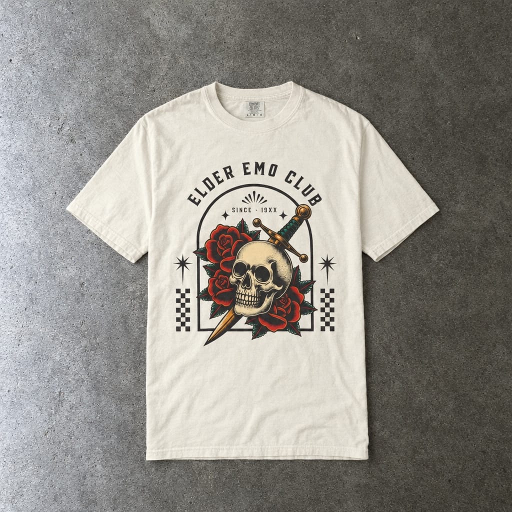 Elder Emo Club Skull & Dagger Tee on Comfort Colors Ivory / L
