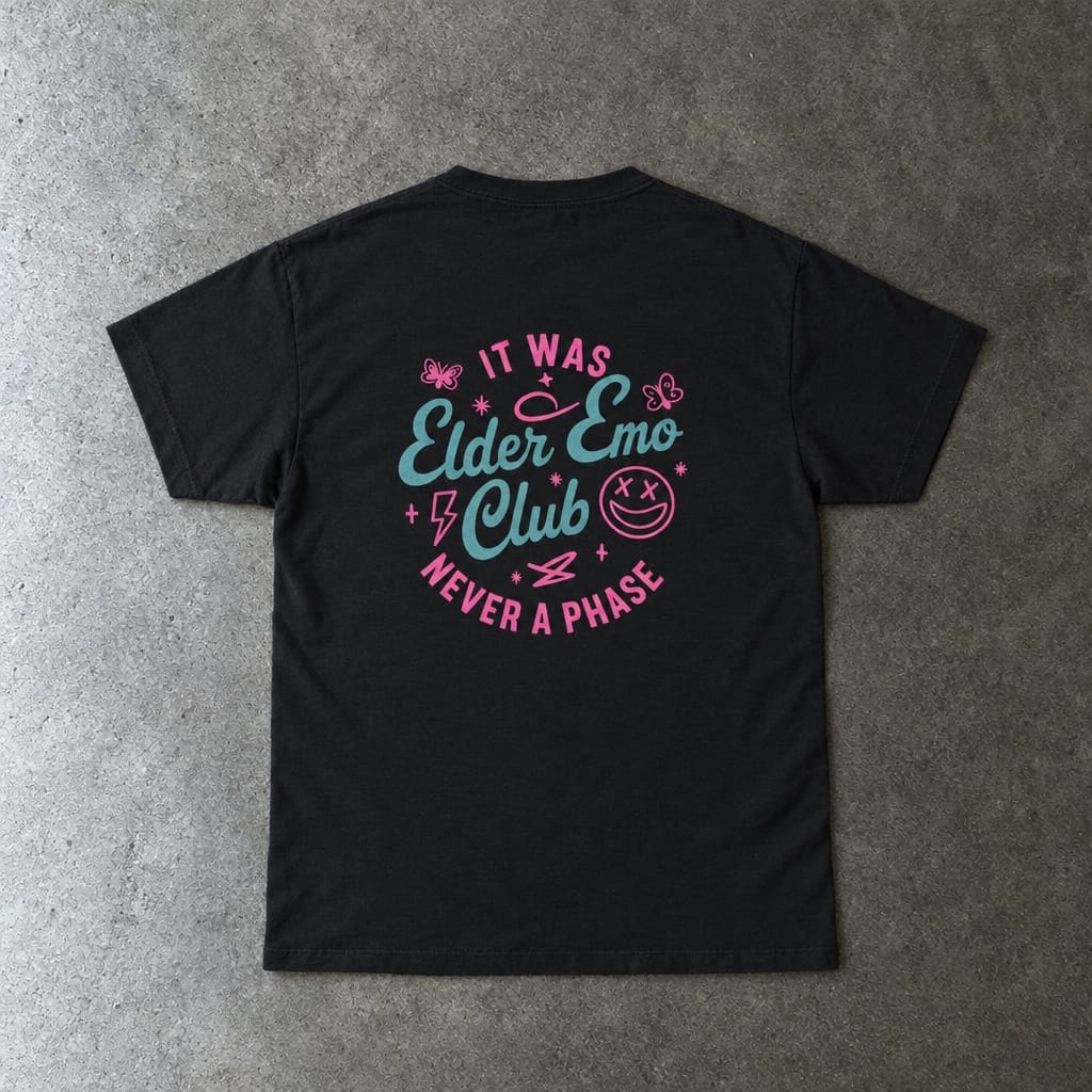 Elder Emo Club Smiley Tee in black, laid flat, back view