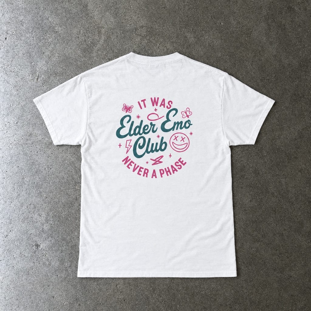 Elder Emo Club Smiley Tee in white, laid flat, back view