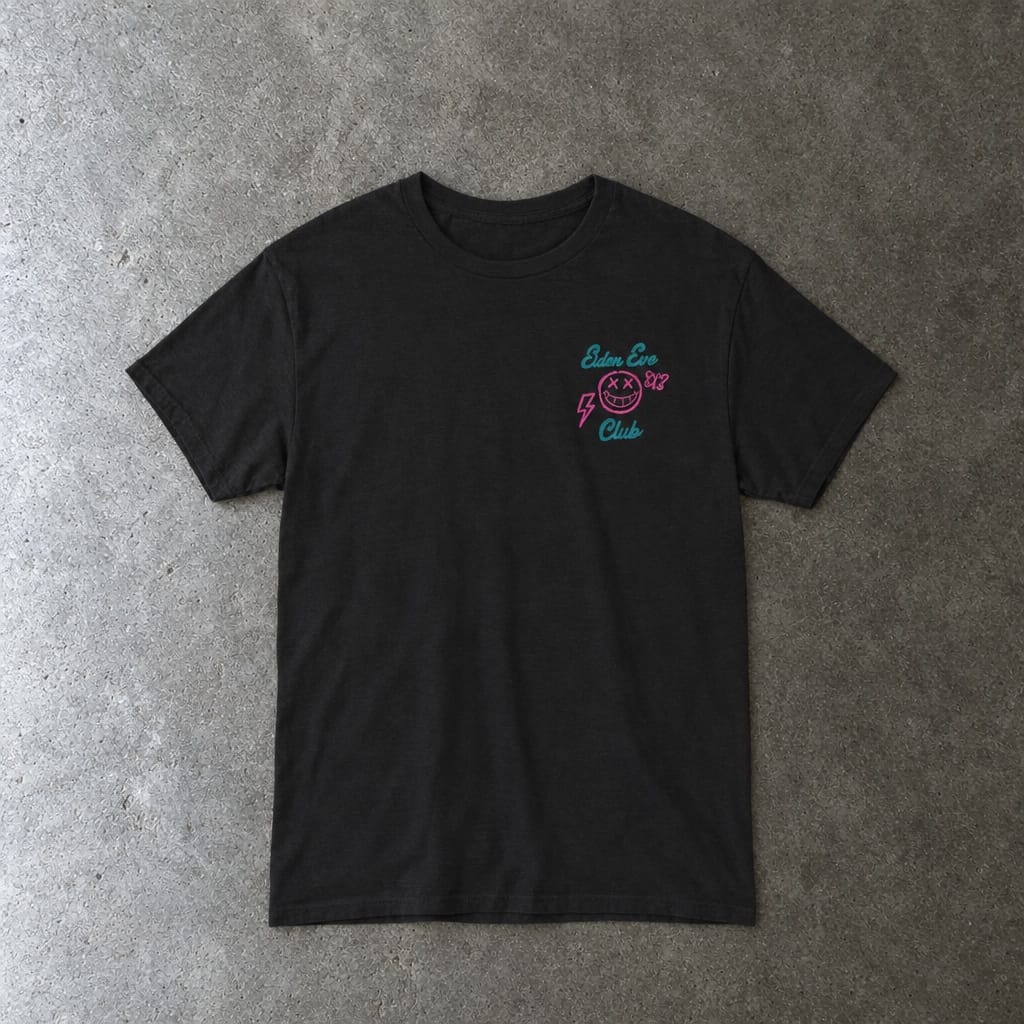 Elder Emo Club Smiley Tee in black, laid flat