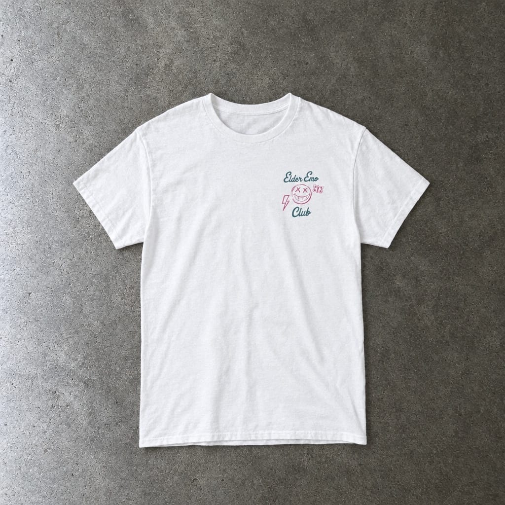 Elder Emo Club Smiley Tee in white, laid flat