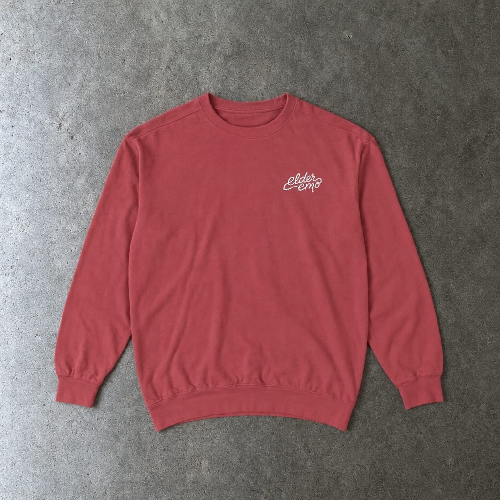 Elder Emo Premium Embroidered Sweatshirt in crimson, laid flat