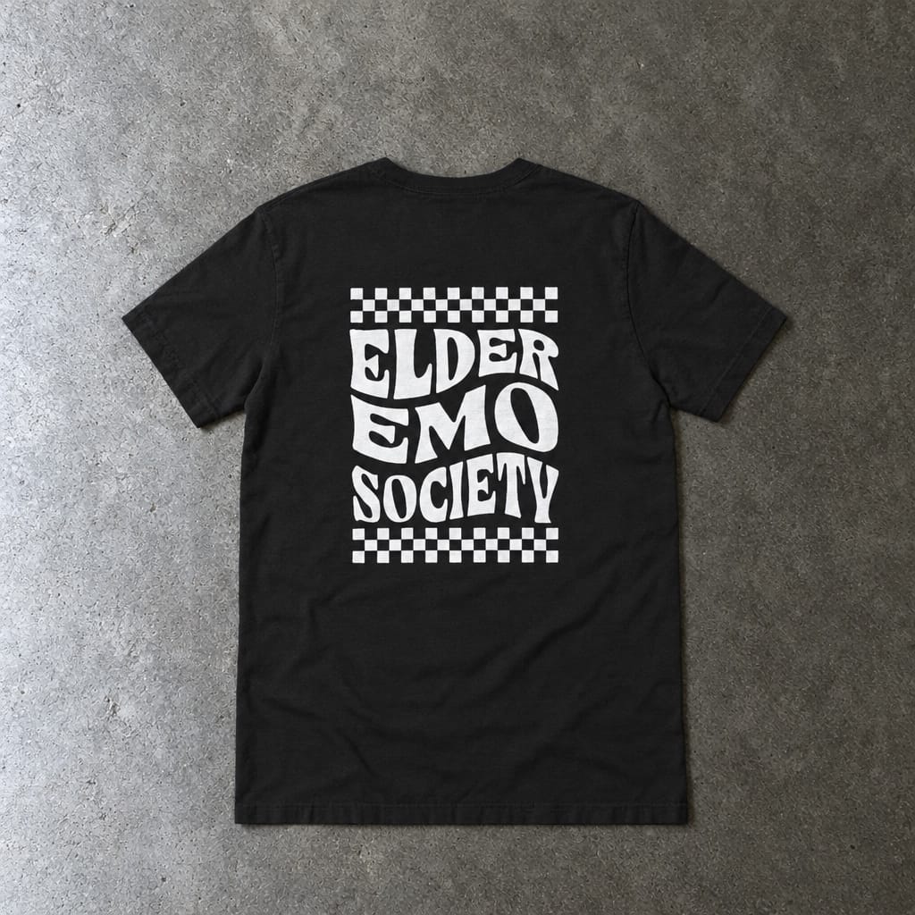 Elder Emo Society Tee in black, laid flat, back view