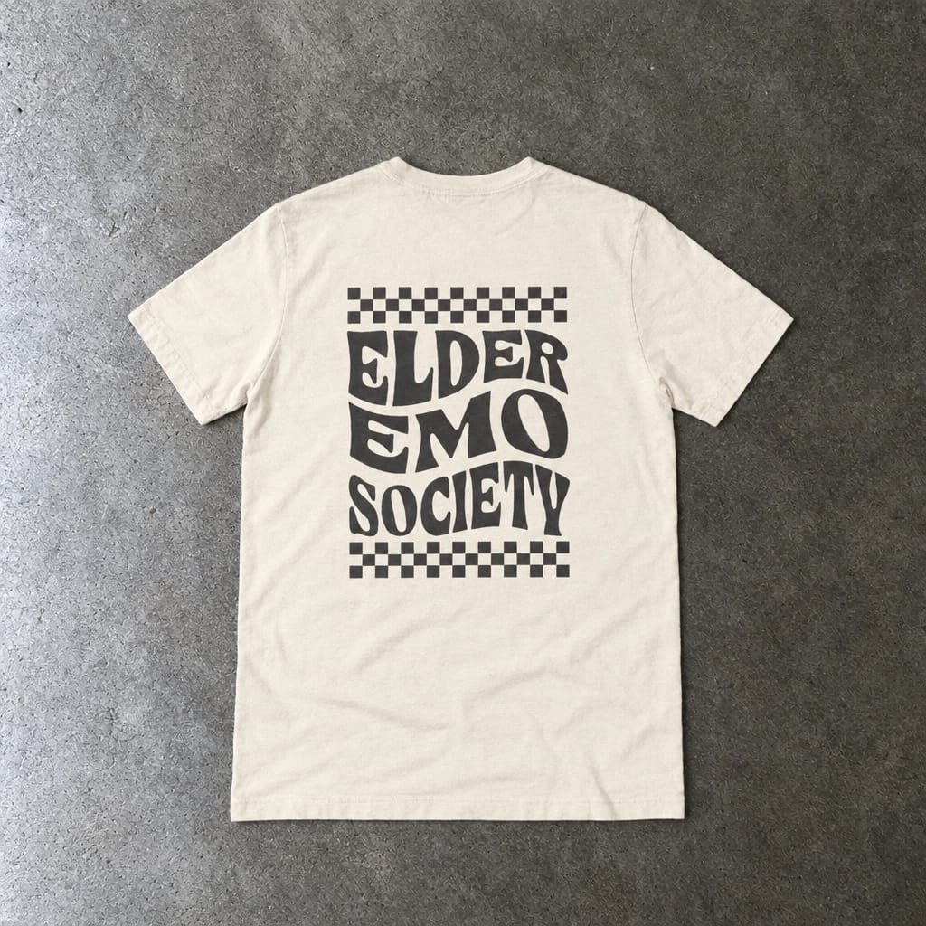 Elder Emo Society Tee in natural, laid flat, back view