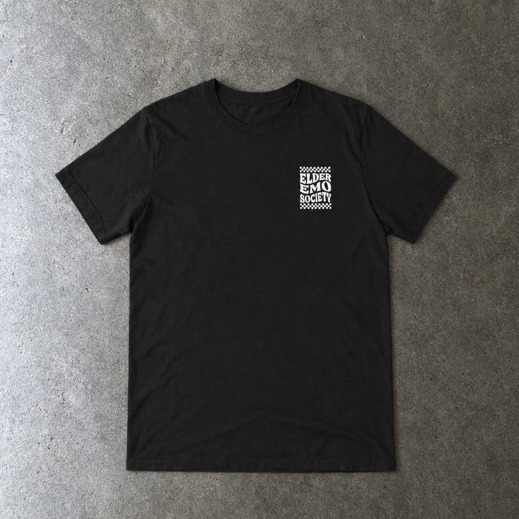 Elder Emo Society Tee in black, laid flat