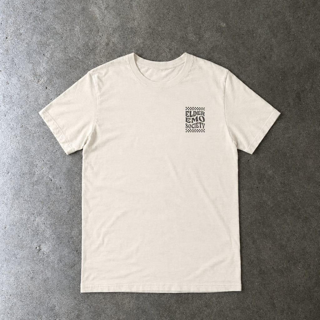 Elder Emo Society Tee in natural, laid flat