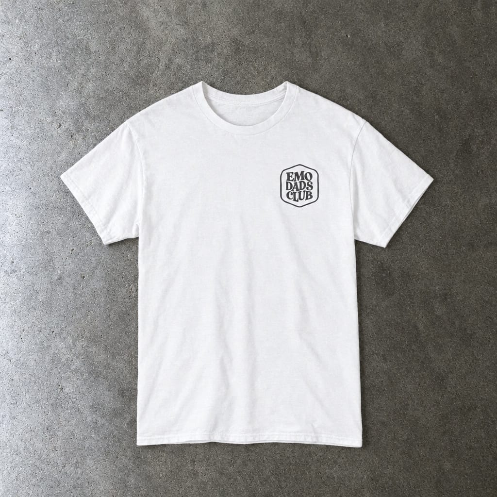 Emo Dads Club Tee in white, laid flat