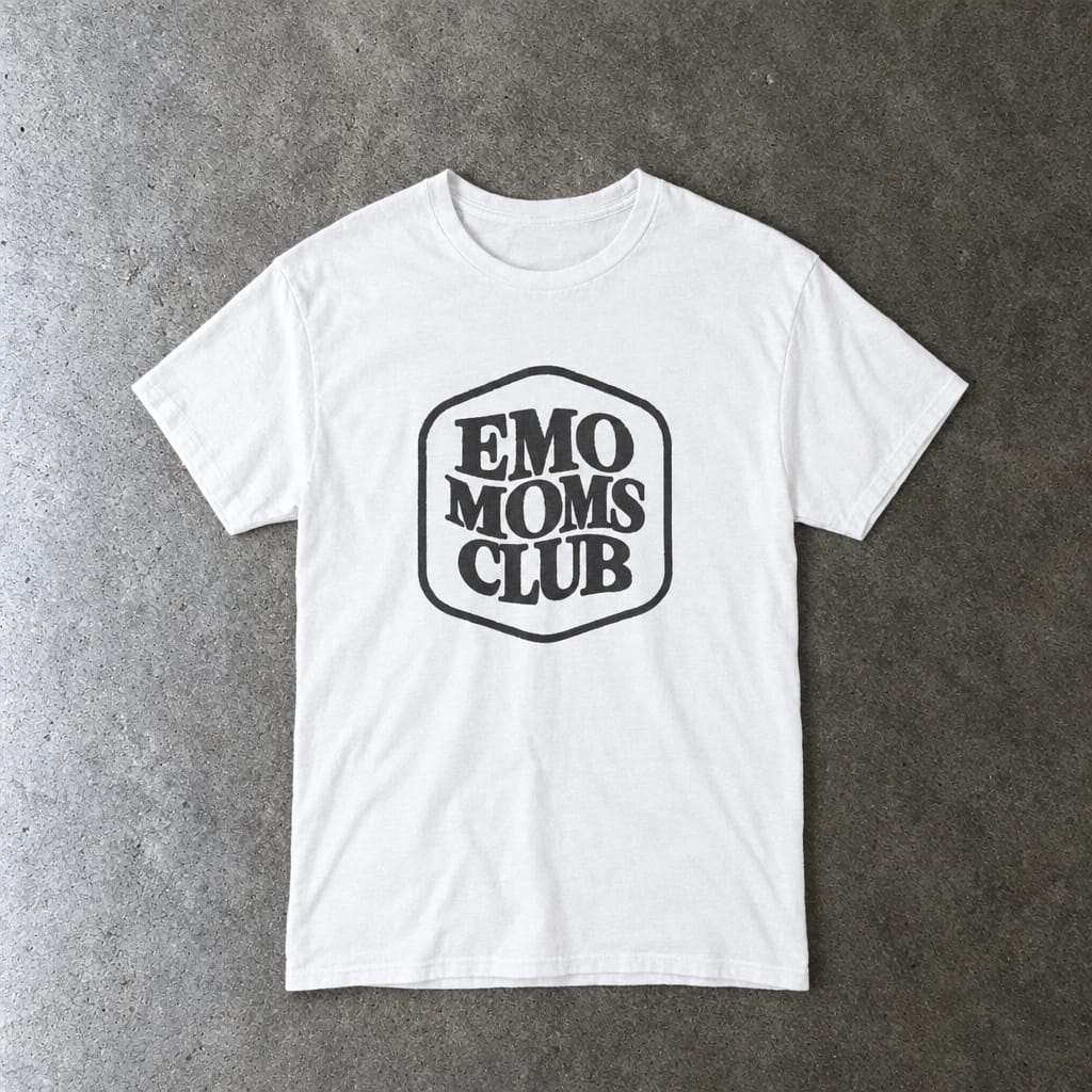 Emo Moms Club Tee in white, laid flat