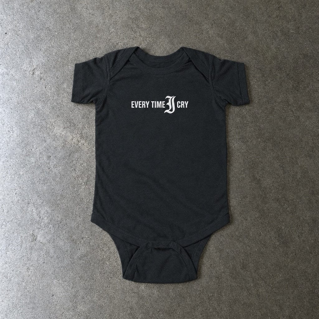 Every Time I Cry onesie in black, laid flat