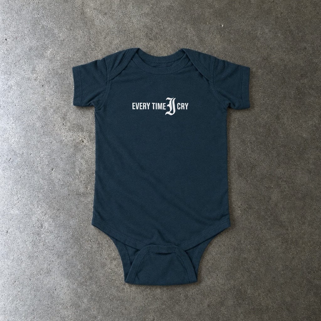 Every Time I Cry onesie in navy, laid flat