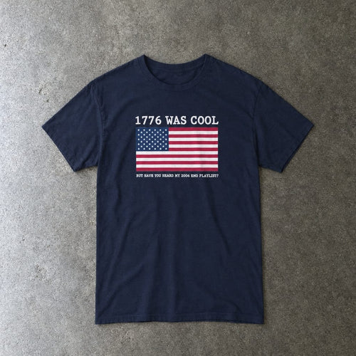 1776 was cool tee in navy, laid flat