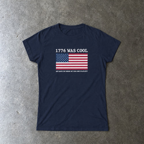 1776 was cool women's tee in navy, laid flat