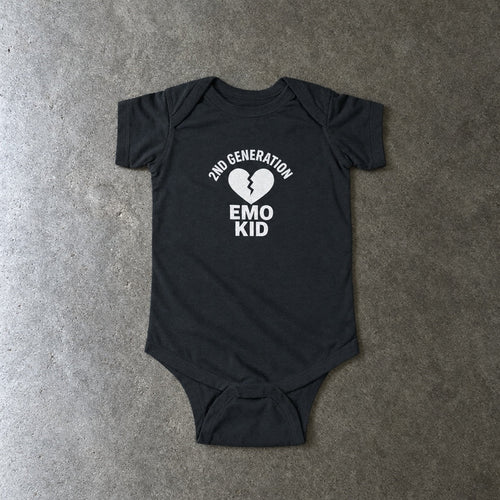 2nd Generation Emo Kid Broken Heart onesie in black, laid flat