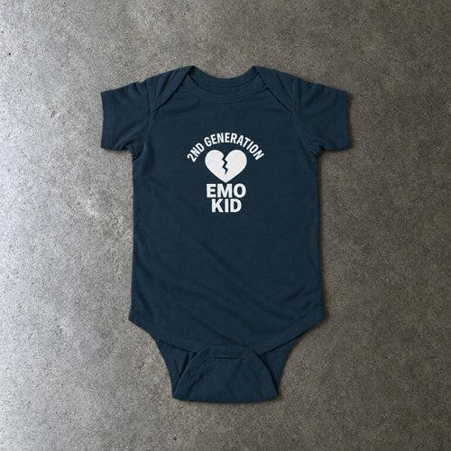 2nd Generation Emo Kid Broken Heart onesie in navy, laid flat