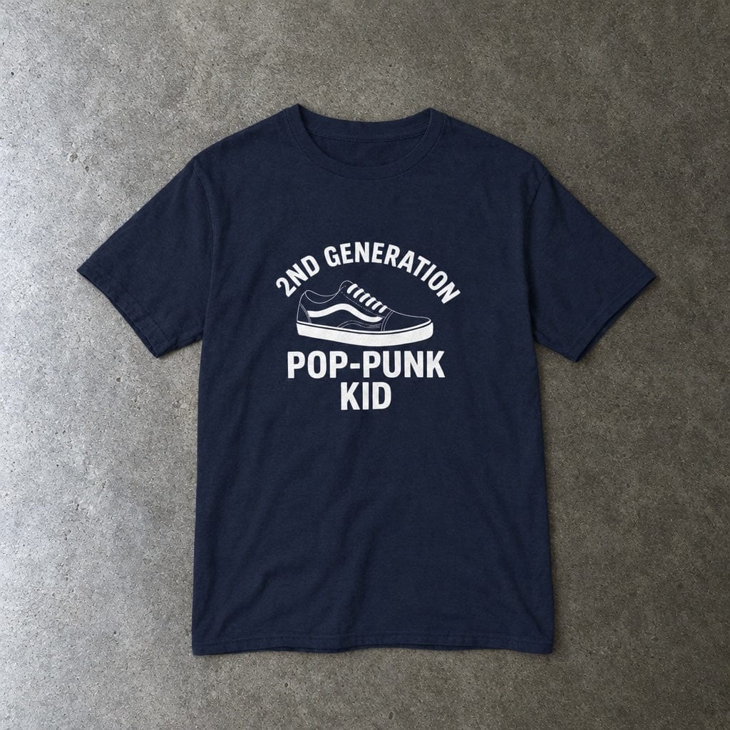 2nd Generation Pop-Punk Kid youth tee in navy, laid flat
