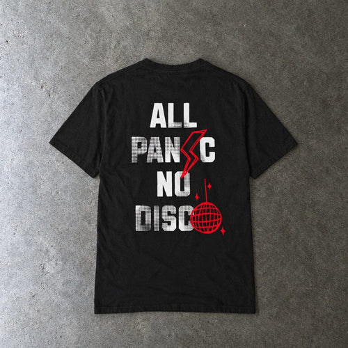 All Panic No Disco Tee on Comfort Colors in black, laid flat, back view