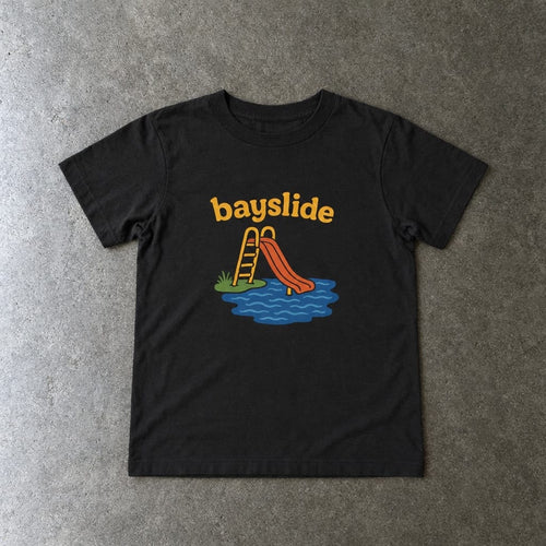 Bayslide toddler tee in black, laid flat