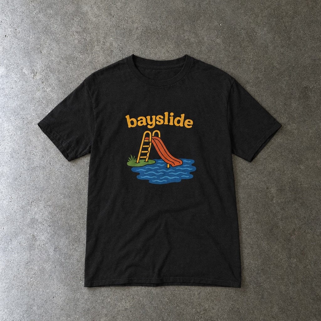 Bayslide youth tee in black, laid flat