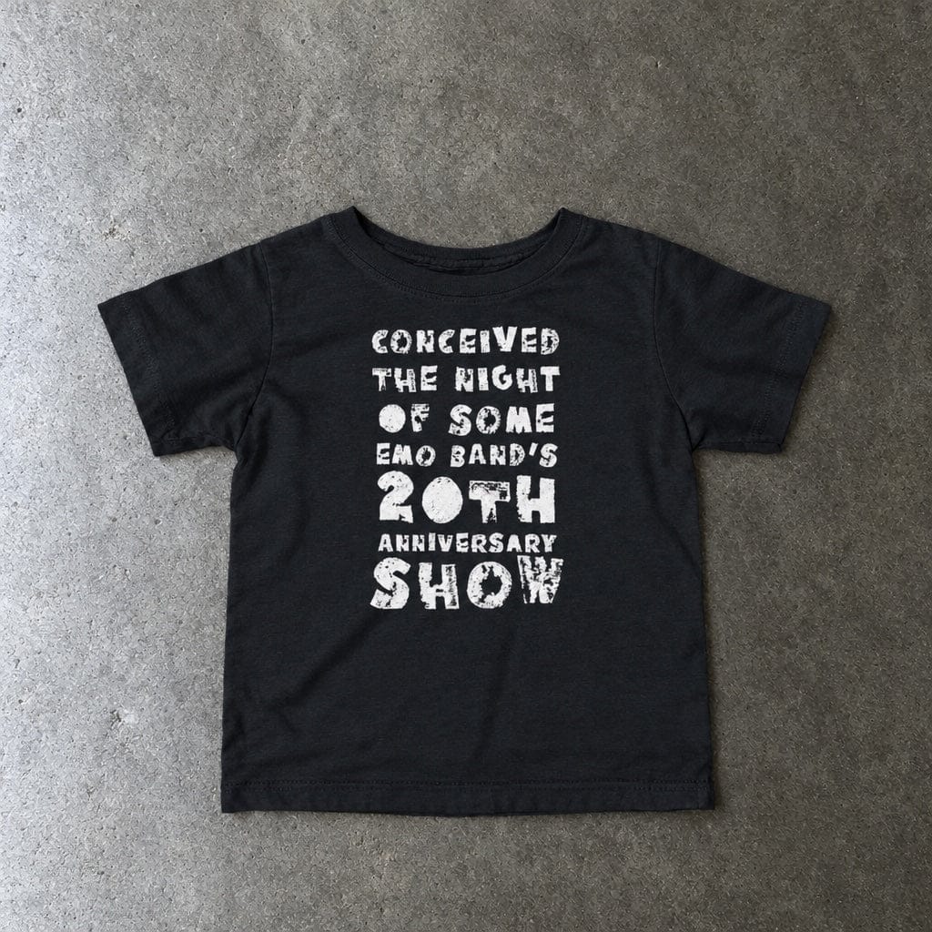 Conceived the Night of Some Emo Band's 20th Anniversary Show Baby Tee in black, laid flat