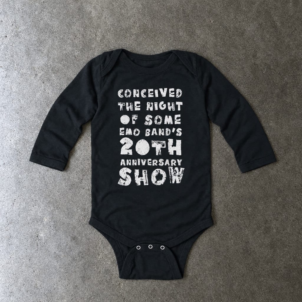Conceived the Night of Some Emo Band's 20th Anniversary Show Long Sleeve Bodysuit in black, laid flat