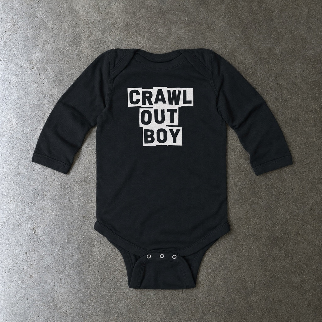 Crawl Out Boy long sleeve onesie in black, laid flat