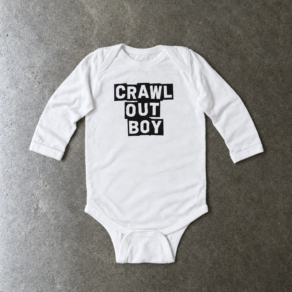 Crawl Out Boy long sleeve onesie in white, laid flat