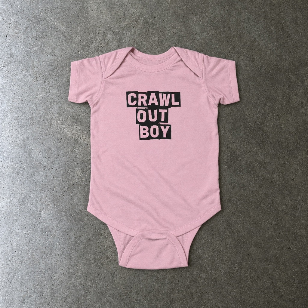 Crawl Out Boy onesie in pink, laid flat