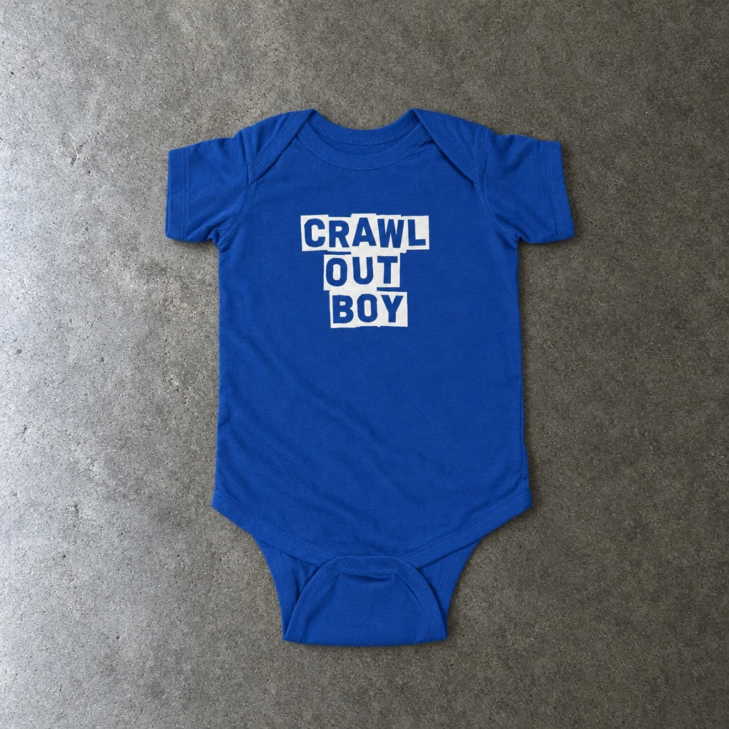 Crawl Out Boy onesie in royal, laid flat