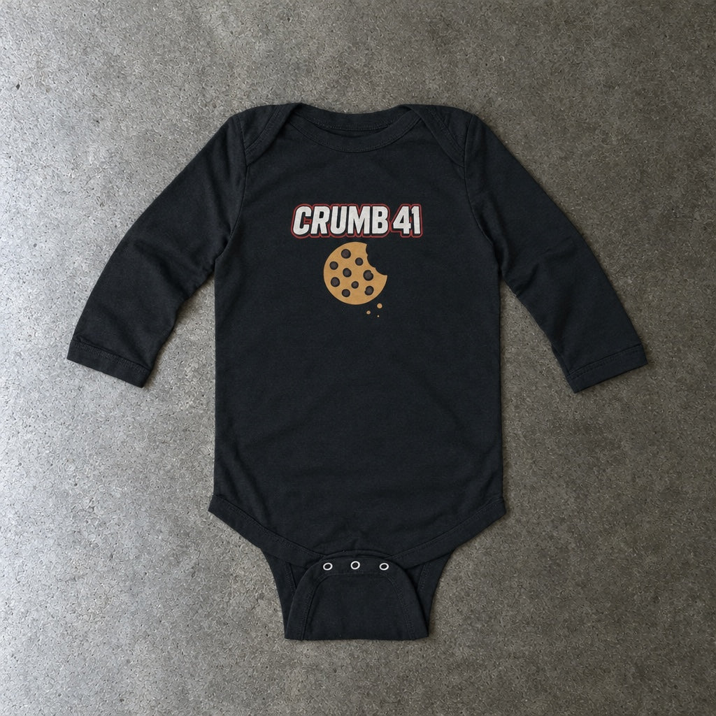 Crumb 41 long sleeve onesie in black, laid flat