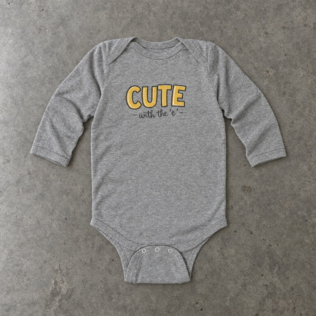 Cute with the E long sleeve onesie in heather, laid flat