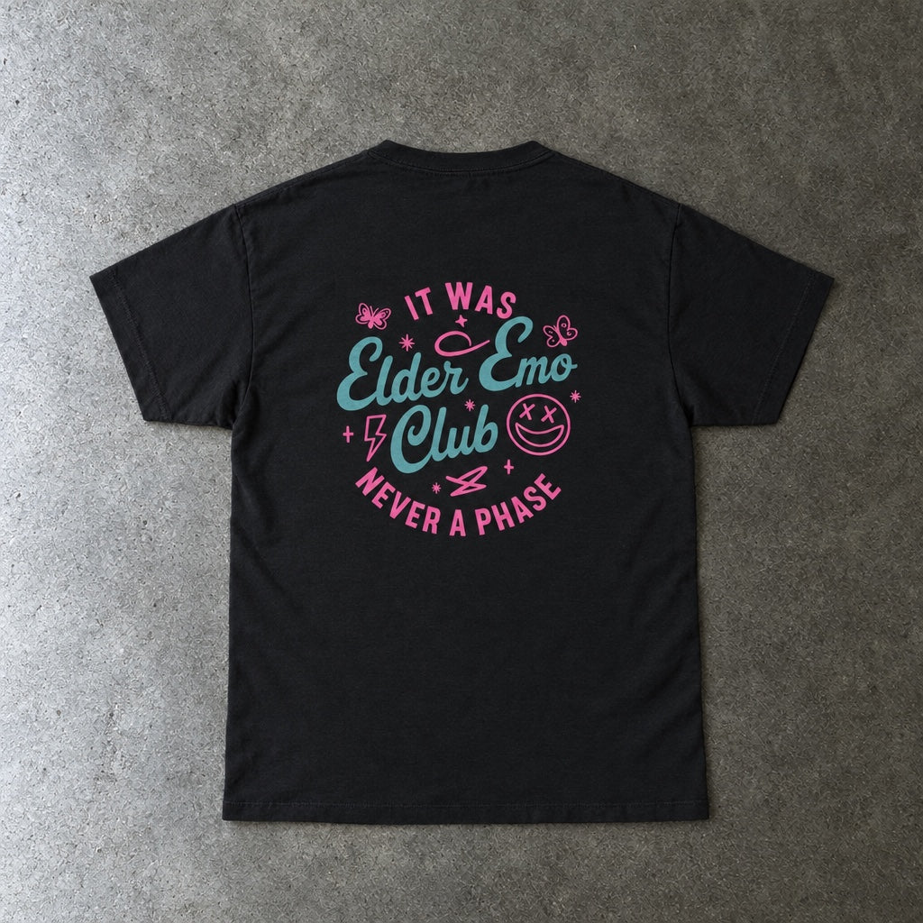 Elder Emo Club Smiley Tee toddler tee in black, laid flat, back view