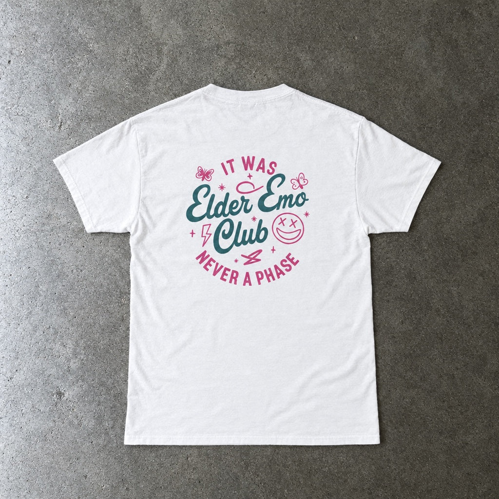 Elder Emo Club Smiley Tee toddler tee in white, laid flat, back view