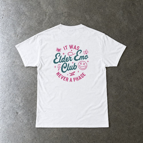Elder Emo Club Smiley Tee toddler tee in white, laid flat, back view